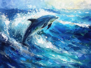 Wall Mural - ocean, big and blue, with waves like gentle hugs. In this sea, a dolphin dances gracefully, its sleek body slicing through the water. The sun sparkles on its back, making it look like a shining star. 