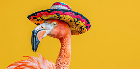 Poster - A pink flamingo wearing a Mexican sombrero against a bright color background