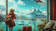 An artistic portrayal of a tourist  gazing out of a view at a vibrant, fantastical alpine landscape, blending the charm of travel with surreal beauty