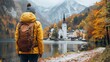 An artistic portrayal of a tourist  gazing out of a view at a vibrant, fantastical alpine landscape, blending the charm of travel with surreal beauty