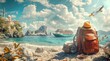 This evocative image captures a serene Mediterranean beach scene with a luxury cruise ship anchored near a picturesque coastal town, conjuring a dream of idyllic travel escapes