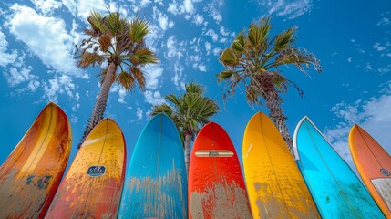 Wall Mural - Colorful surfboards lined up on a sunny beach under blue skies and tall palms, embodying the vibrant spirit of summer