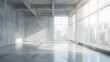 Empty grey concrete cement room. Studio for gym, yoga, dance. Room with concrete walls, a window, and sunlight streaming through.