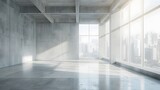 Fototapeta Przestrzenne - Empty grey concrete cement room. Studio for gym, yoga, dance. Room with concrete walls, a window, and sunlight streaming through.