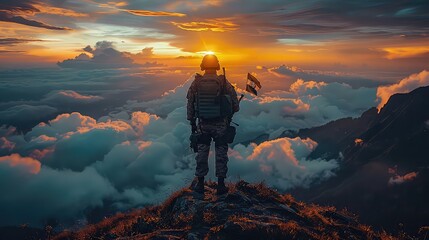 Indian army soldier with National flag of India standing at the mountain. Sunset background, sunrise background, Happy Independence Day