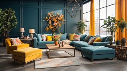 Wall Mural - Blue and Yellow Modern Living Room Interior Design