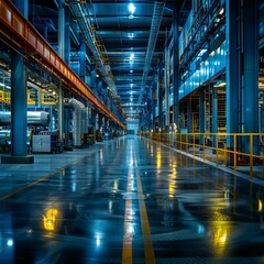 Wall Mural - Modern factory interior with blue lights and shiny floor