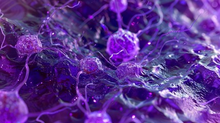 Wall Mural - Vibrant purple close-up in high-resolution showing immunity cells combating a virus, ideal for illustrating articles on immunology