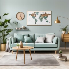 Wall Mural - Elegant living room interior with green sofa, wooden table, and world map