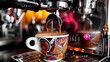 Coffee maker pours steaming coffee into cup releasing mellow aroma . Concept Coffee, Pouring, Steaming, Aroma, Mellow
