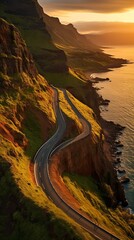 Sticker - Curving road along a mountainous coastline at sunset