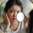 A young woman is looking at her reflection in the mirror and examining her skin.