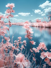 Wall Mural - Pink flowers by the blue river under the blue sky