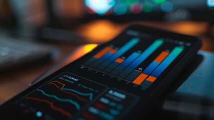 Fototapete - A bar chart displayed on a smartphone screen, empowering users with real-time access to financial data and insights on the go.