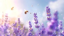 Lavender And Bees, Soft Sky Blue Background, Environmental Awareness Magazine Cover, Soft Backlight, Centered And Lively