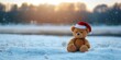 A lonely teddy bear sits in the snow wearing a Santa hat