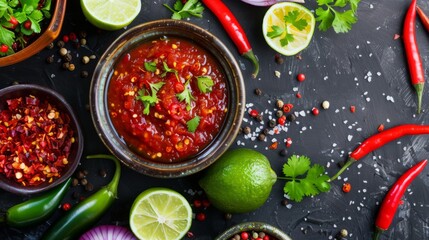 A bowl of spicy Thai dipping sauce surrounded by ingredients like chili peppers and lime, enticing viewers with the tantalizing flavors of Thai cuisine.