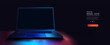 Futuristic mockup Laptop with Blue Backlight on Dark Background. A 3D illustration of an open laptop illuminated by a neon blue light on a dark backdrop, showcasing modern technology and connectivity.