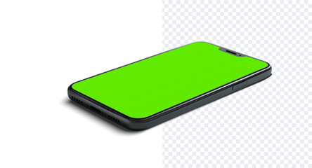 Poster - Smartphone with Green Screen on Transparent Background. A 3D illustration of a modern smartphone with a vibrant green screen, perfect for app development and interface design presentations. Vector