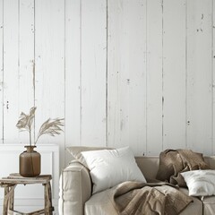 Wall Mural - home interior design white cottage farmhouse stylish home interior design concept white wooden wall with cosy comfort natural material home decorate house design ideas