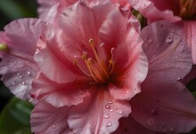 A Close-up View Of A Rhododendron Flower's Vibrant Pink Petals, Densely Packed Around Its Center, With Tiny Droplets Clinging To Its Surface, Generative AI