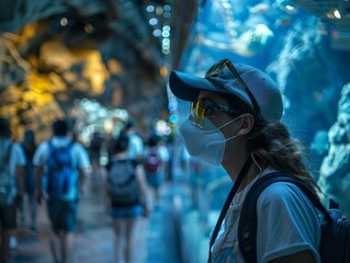 Wall Mural - woman wearing a mask looking at an aquarium