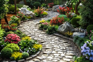 Canvas Print - Stone path through a lush garden