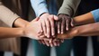Multiracial business team joining hands together over blurred background, closeup