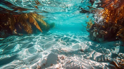 Wall Mural - Captivating under and above water view of a tropical paradise with clear turquoise waters and lush palm trees