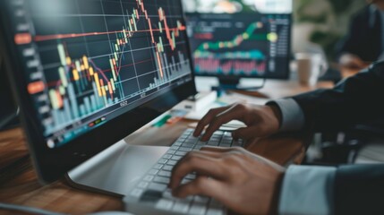 Leinwandbilder - A businessman typing on a keyboard with financial graphs displayed on a computer screen, multitasking in a fast-paced financial environment.