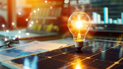 Wall Mural - a conceptual image of a lightbulb over a solar panel array, surrounded by financial documents and gr