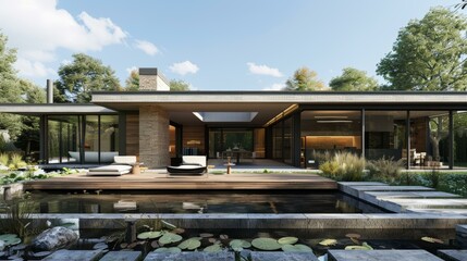 Sticker - Modern House Exterior Design with Pool and Deck