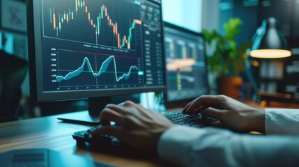 Leinwandbilder - A businessman typing on a keyboard with financial graphs displayed on a computer screen, multitasking in a fast-paced financial environment.