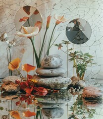 Wall Mural - Still life with flowers and rocks in front of a mirror