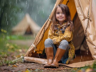 Poster - Little girl sitting in a tent looking out at the rain