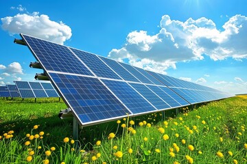 Aufkleber - Solar Panels in Fields, Tailored for companies specializing in alternative energy and solar panels. Background showcases fields adorned with solar panels. Generative AI.