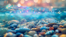 Underwater View Of Pebbles And Water, Blurred Background With Sun Reflections, Warm Colors, Ultra Realistic Photography In The Style Of Unknown Artist