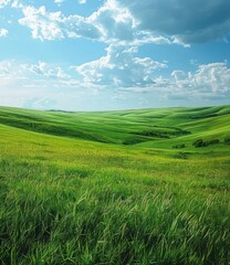 Wall Mural - Green rolling hills under blue sky and white clouds