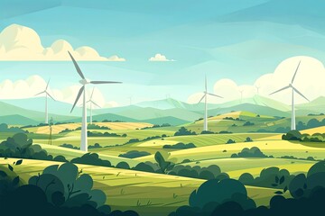 Wind Turbine Fields, Suitable for companies specializing in wind energy and eco-friendly technologies. The background can depict fields with rotating wind turbines, Generative AI.