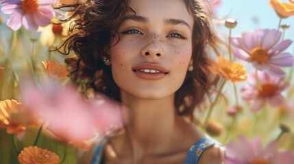 Poster - Portrait of a beautiful young woman with freckles on her face standing in a field of flowers