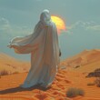 A figure in a white cloak stands in the middle of a vast desert