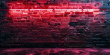 Grunge Red Brick Wall With Glowing Pink Neon Line In Perspective