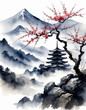 Ink landscape painting. Traditional oriental ink painting sumi-e. Spring landscape. Ink painting depicting blooming oriental sakura, pagoda temple, misty mountains.