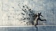 Dynamic Figure Shattering Concrete Wall,Symbolizing Overcoming Business Obstacles