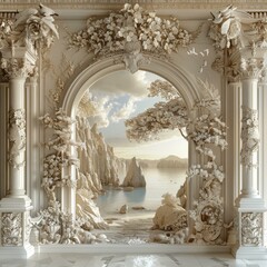 Poster - 3D rendering of a classical archway with a view of the ocean