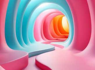 Wall Mural - Colorful 3D rendering of a curved tunnel with a bright light at the end