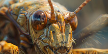 A Close Up Of A Giant Grasshopper's Face.
