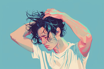 Vector illustration of the concept of stress and mental health. A young man with disheveled hair who holds his head. The difficulties of growing up. The teenage crisis.