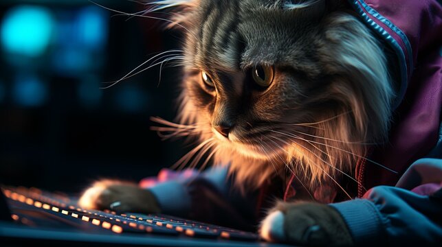 A hacker cat is working on a computer in a dark room