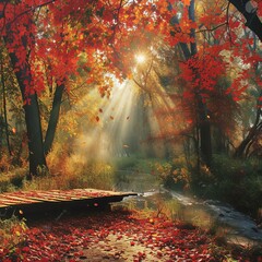 Sticker - Wooden bridge in the middle of the colorful autumn forest with a creek running through it